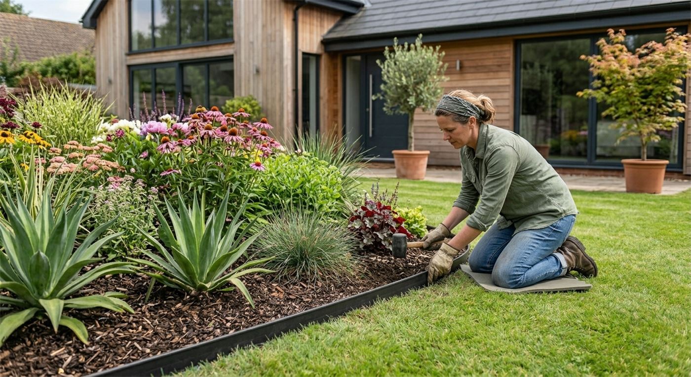Instalación de borde negro con mazo junto a un arriate de flores