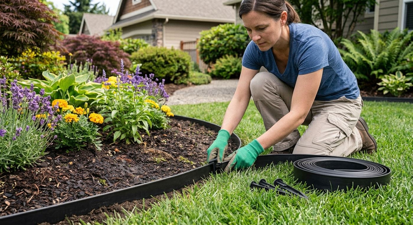 Instalación de borde negro flexible entre el césped y un arriate de flores