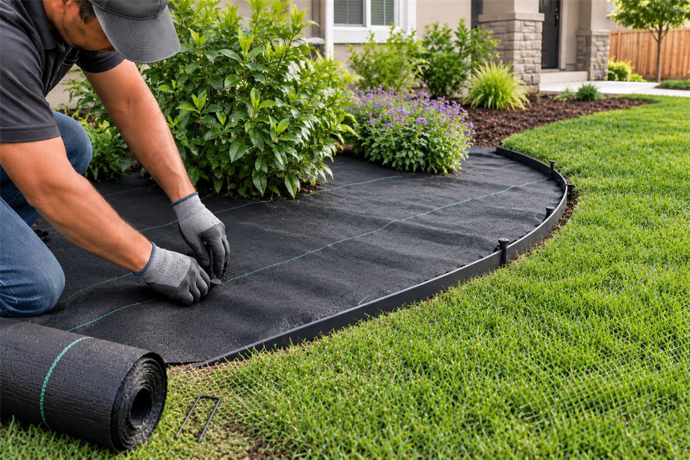 Instalación de malla antimaleza y borde con estacas en un jardín residencial
