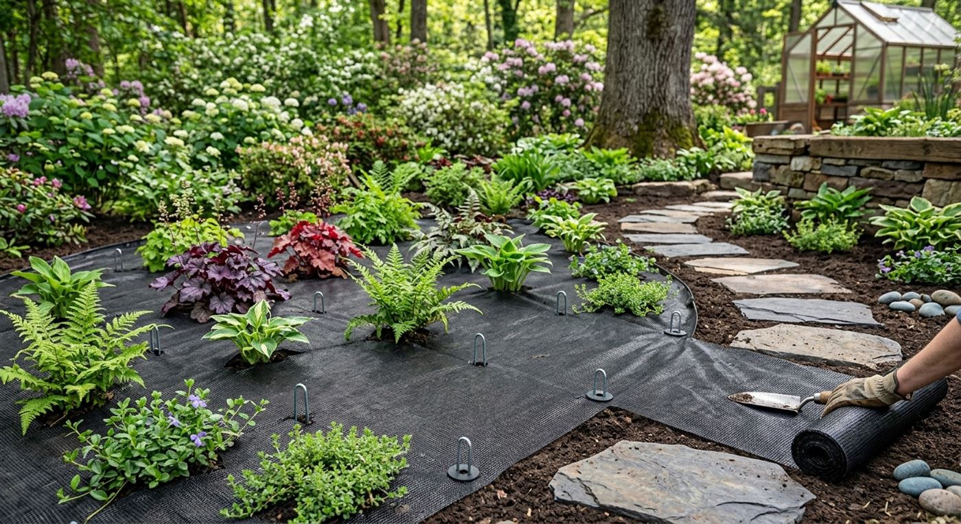 Malla antimaleza negra con plantas, estacas y piedra de laja